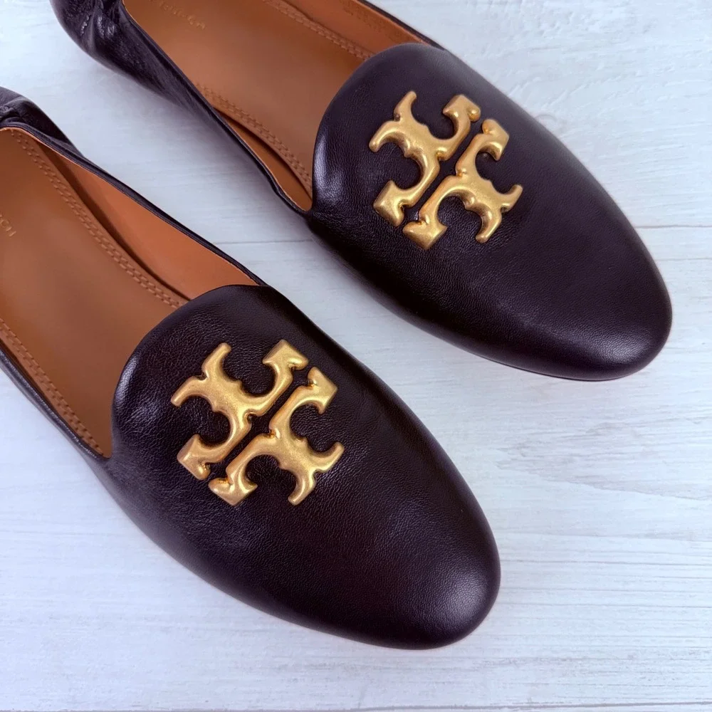 Tory Burch Eleanor Loafers Flats‎ Size 11 Black Leather Gold Logo Classic Chic